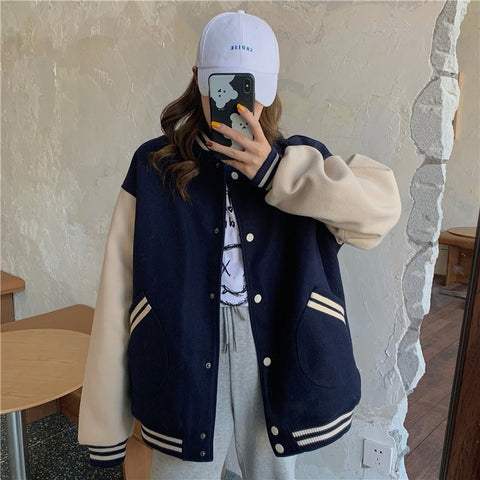 Sonicelife Autumn Women Baseball Jacket Harajuku Casual Loose Pocket Printed Korean Oversize Bomber Sweatshirt Uniform Streetwear Tops