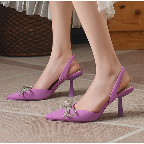 Sonicelife  New Women Sandals Pointed Toe Butterfly Knot Crystal  Female Pumps Flock Thin Heel  Plus Size Ladies Summer Fashion Shoes