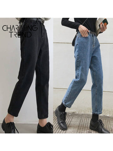 Sonicelife Women Jeans Pant Black Korean Crop Jeans Girls Students Vintage Solid Long Pants Fit Female High Waist Denim Pants Women