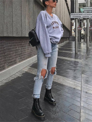 Sonicelife Woman Jeans High Waist Pencil Pants Fashion Harajuku Streetwear Holes Sexy Jeans