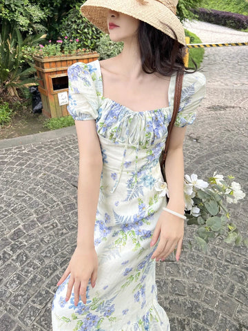 Sonicelife   -  French Elegant Floral Dress Beach Style Women Chiffon Short Sleeve Fashion Midi Dres Even Party Casual Fairy Dress Summer