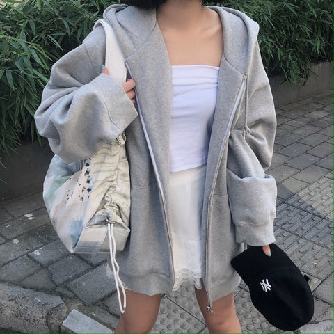 Sonicelife  Korean Style Oversize Gray Hoodies Women Streetwear Loose Hooded Sweatshirt Female Casual Black Long Sleeve Tops Jacket