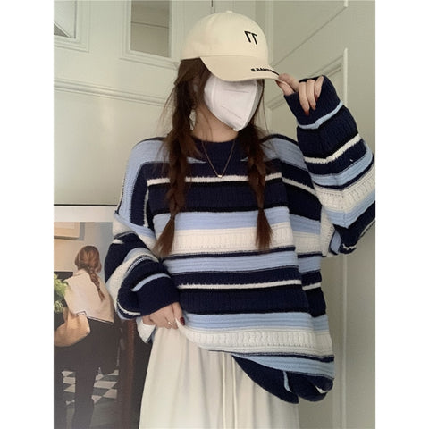 Sonicelife Shellsuning Autumn Winter New Lazy O-neck Striped Knitted Sweater Women Loose Pullover Warm Jumpers Female Vintage Leisure Tops