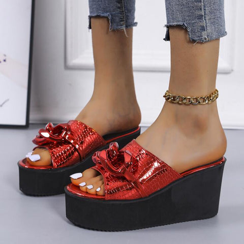 Back  To School Outfit Sonicelife   Large Size For Women's Outer Wear 2023 New Wedge Heel Square Toe Metal Chain-Shaped Fish Mouth Sandals Women's Shoes Slippers