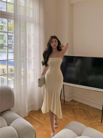 Sonicelife   Summer Aesthetic Midi Dress Women Strapless Fishbone Bandage Irregular Dress Party Club Sexy Elegant Dresses Backless Solid
