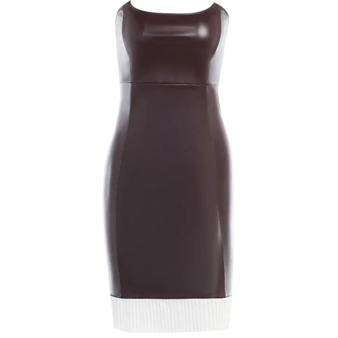 Sonicelife   Women's PU Faux Leather Sleeveless Bodycon Midi Dresses, Sexy Clothes, Backless Tube, Side Slit, Club Party Streetwear, Y2K