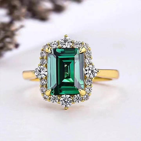 Geometric Square Green Cubic Zirconia Rings for Women Gold Color Luxury Trendy Engagement Wedding Party Accessory Jewelry