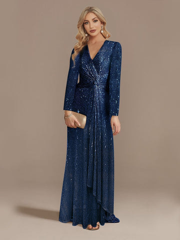 Luxury Long Sleeve V-Neck Evening Dress 2023 Party Women Wedding Sequins For Female Guests Blue Prom Cocktail Dresses