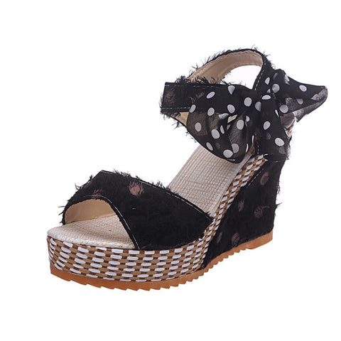 Sonicelife  Women Sandals Dot Bowknot Design Platform Wedge Female Casual High Increas Shoes Ladies Fashion Ankle Strap Open Toe Sandals