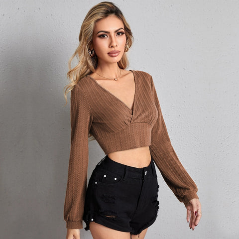 Graduation Dress Sonicelife Women Long Sleeve Crop Top V Neck Twist Fabric Long Sleeve T-Shirt Autumn Slim Fitness Bodycon Casual Solid Party Streetwear Top