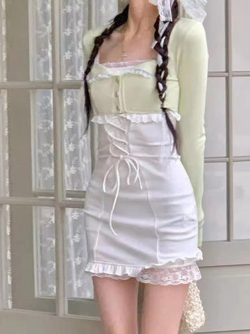 Sonicelife Kawaii Aesthetic Coquette Dollette Corset White Dress Light Green Cardigan Set