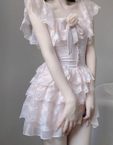 Sonicelife hoco dresses Kawaii Aesthetic Soft Girl Style Baby Pink Off Shoulder Lace Mini Dress