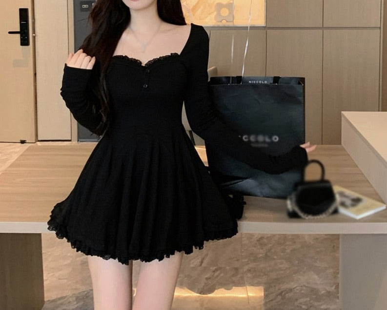 Sonicelife Korean Aesthetic Soft Girl Kpop Sweetheart Neckline Long Sleeve Rib Knit Dress