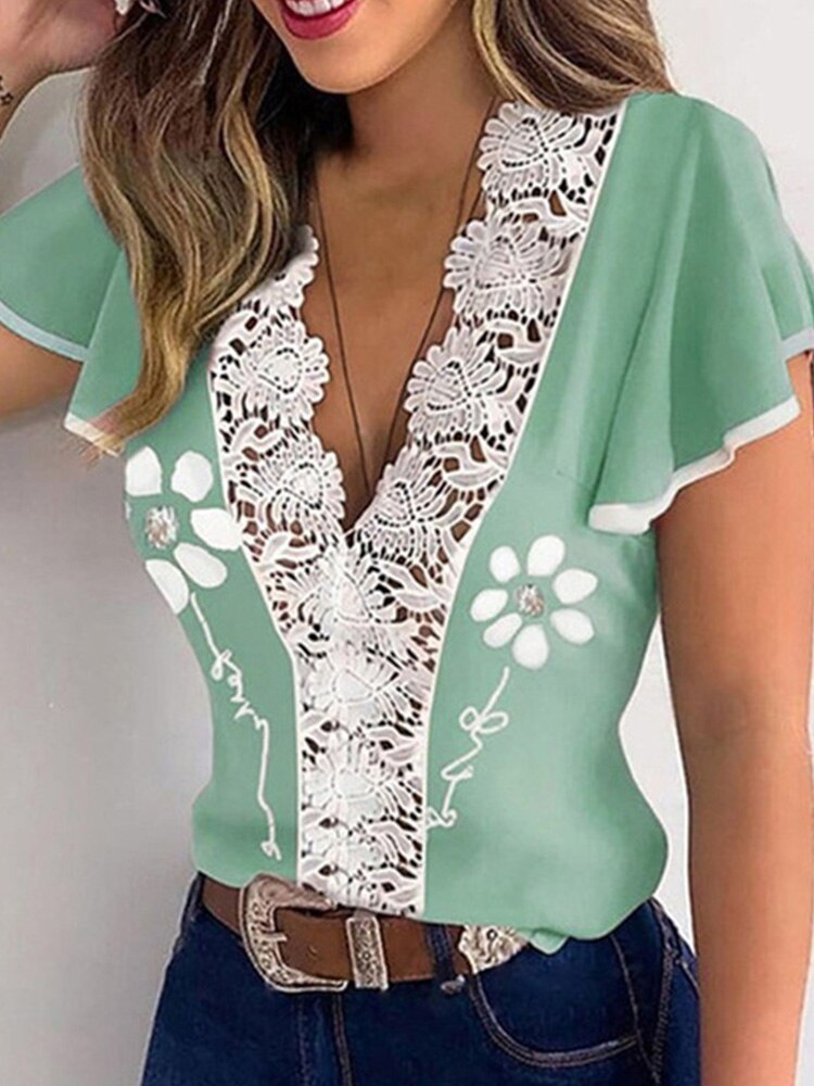 Sonicelife  Summer Harajuku  Women Lace Blouses Shirt Casual Commute Short Sleeve Floral Print Tops Chic Hollow V-Neck Slim Blusas Mujer