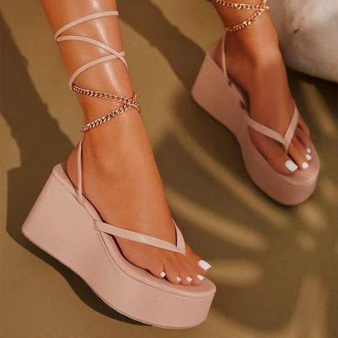 Sonicelife  Women's Sandals Wedges Heels Female Metal Chain Fashion Platform Shoes 2023 New Summer Ladies Clip Toe Ankle Strap Casual Sandal