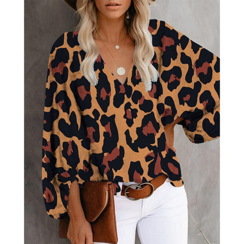 Sonicelife  2023 Women Floral Print Blouse V Neck Lantern Long Sleeve Brown Leopard Office Lady Casual Tops Sun Flower Loose Blouses