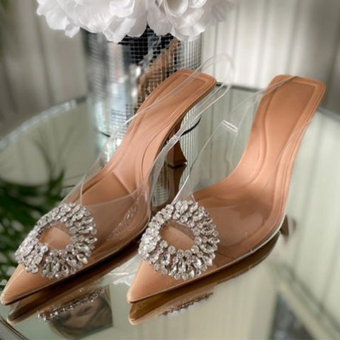 Sonicelife  Rhinestones Pointed Toe Women Sandals New Female Transparent Thin High Party Shoes Ladies  Pu Leather Shallow Footwear 2024