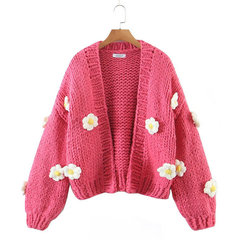 Sonicelife 2024 Women's Cardigans Multicolor Floral Knitted Decoration Long Sleeve Loose Coats Warm Sweaters 3 Colors