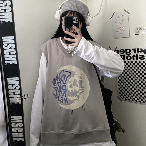 Sonicelife  Gothic Streetwear Skeleton Print Oversize Black Sweatshirt Vest Women Punk Harajuku Hippie V-Neck Grey Pullover Female