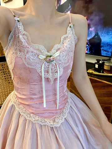 Sonicelife Floral Vintage Elegant Strap Dress Women Lace France Sexy Evening Party Long Dresses Pink Sweet Princess Fairy Dress Summer