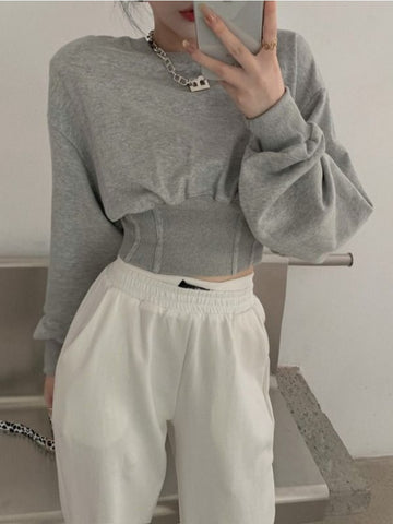 Black Friday Sonicelife Korean Fashion Gray Hoodies Women Harajuku High Waist Cropped Sweatshirts Loose All-Match Pullover Tops Kpop Streetwear