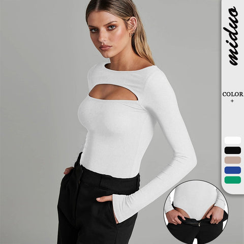 Graduation Dress Sonicelife Women's Solid Hollow Out Long Sleeve Bodysuit for Women O-neck Skinny Body Suit Black Fashion Streetwear Female Bodysuits