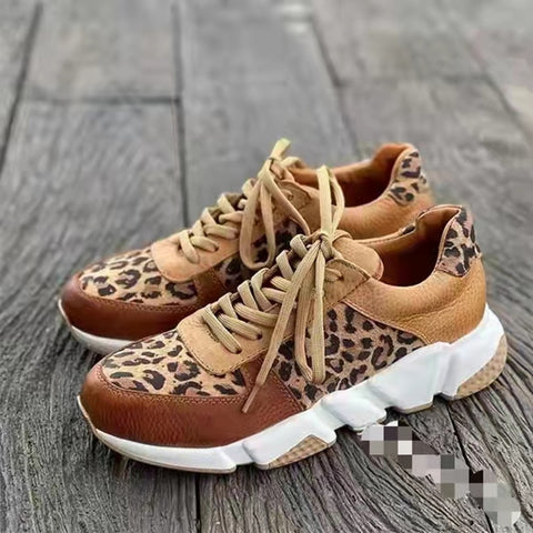 Sonicelife Plus size 36-44 New Thick-soled Round Toe Low-top Leopard Print Women's Singles Cross-large Stitching Lace-up Sneakers