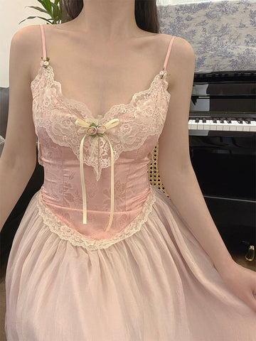 Sonicelife Floral Vintage Elegant Strap Dress Women Lace France Sexy Evening Party Long Dresses Pink Sweet Princess Fairy Dress Summer