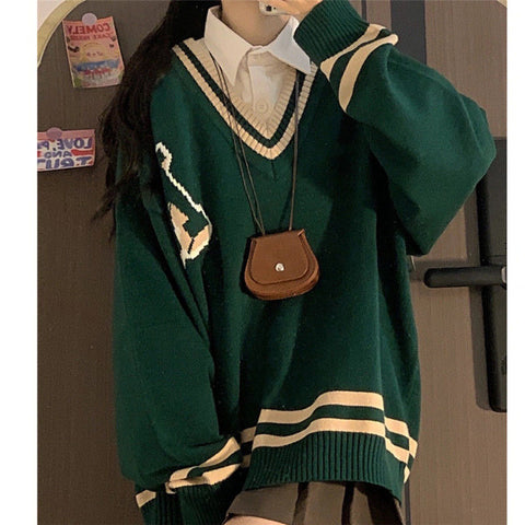 Sonicelife  Korean Style Striped Green Oversize Sweater  Women Harajuku Preppy Fashion Blue V-Neck Long Sleeve Jumper Female Tops