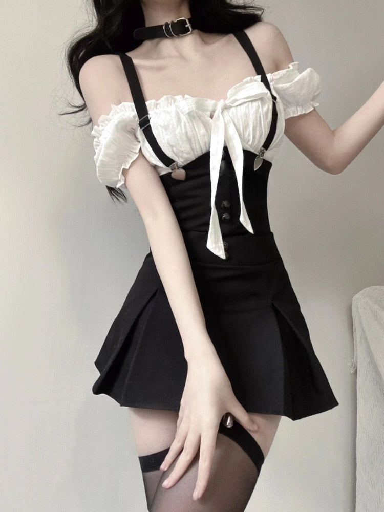 Sonicelife hoco dresses Korean Aesthetic Kpop Gothic Pinafore Mini Dress and Top Set