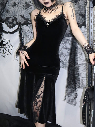 Sonicelife Halloween Y2K Elegant Black Velvet Party Dresses for Women Gothic Cross Lace Straps Maxi Robe Long Dresses Summer Bodycon Dresses