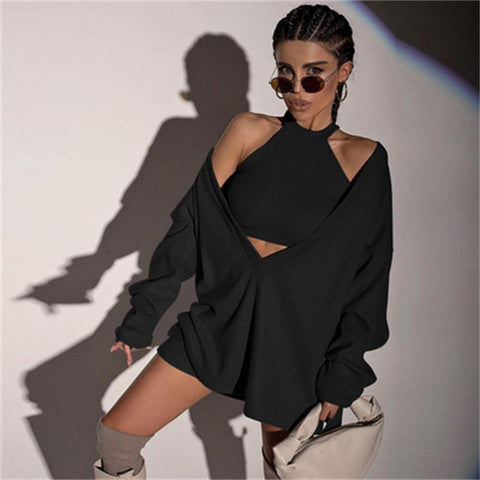 Sonicelife 2024 Autumn New Fall Outfits Knitted 2 Pieces Set Elegant Female Women V-Neck Long Sleeve Euphoria Outfit Pullover Crop Top Streetwear Suits