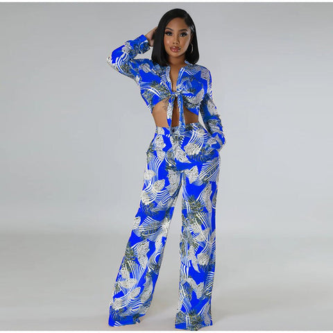 Sonicelife 2024 Autumn New Fall Outfits Fashion Printed Pants Two Piece Set For Women Lapel Long Sleeve Lace-up Shirt Top Loose Pant Suit Casual Lady Outfit