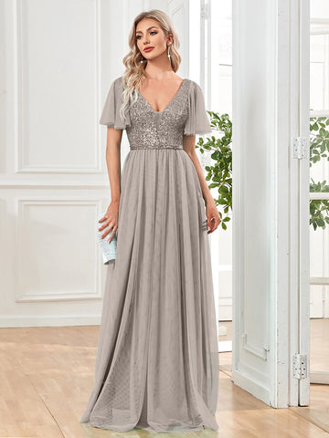 Sonicelife Elegant Sequins Evening Dress Elegant V-Neck A-line Ruffles Chiffon Robe Short Sleeves Formal Wedding Party Dresses