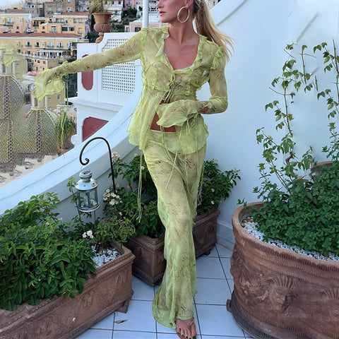 Sonicelife Early Autumn New European and American Perspective Lace Print Top High Waist Lace Print Long Dress Chiffon Set