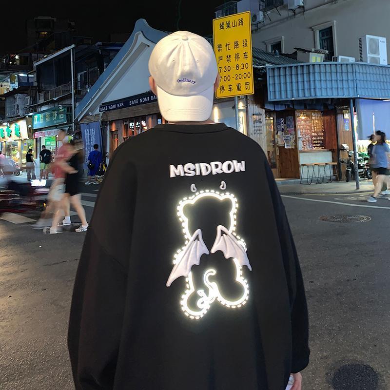 Sonicelife Deeptown Kawaii Reflective Bear Oversized Sweatshirt Women Harajuku Loose Hoodies Female Hip Hop Angel Pullover Top Korean Style