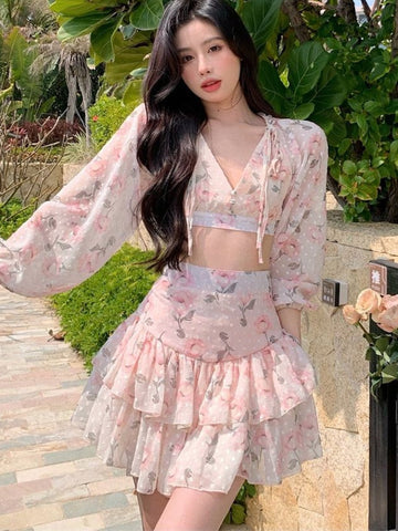 Sonicelife  Spring Summer Sweet Two Piece Set Sexy Backless Shirt Crop Top + Cake Skirt Suits Floral Chiffon Boho Beach Outfits  Fairy Dress  For Women