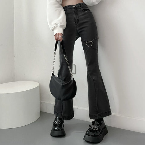 Sonicelife Jeans For Women Vintage Black Denim Flare Pants Streetwear High Waist Slim Mom Trouser Harajuku Y2K Pants