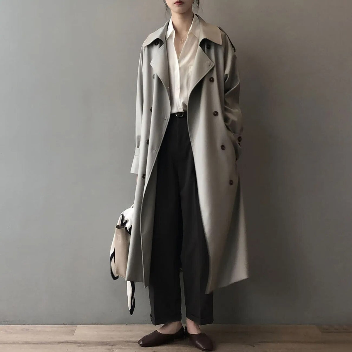 Sonicelife 2024 Autumn New Fall Outfits Classic Khaki Long Trench Coats Women Oversize Korean Fashion Belt Windbreaker Fall Spring Overcoat Double Breasted