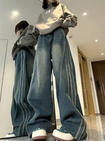 Sonicelife 2024 Autumn New Fall Outfits Fashion Side Stripe Design Micro Flared Jeans Women Winter High Waist Loose Slim Wide Leg Jeans Female Ins Trend