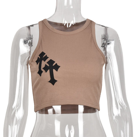 Sonicelife  Y2K Cross Print Crop Top Women Fashion Sleeveless O-Neck Basic Slim Vest Tee Cool Girls Streetwear Vintage Gothic Tanks