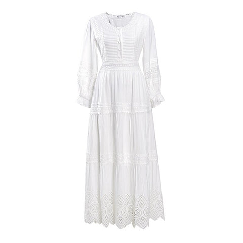 Sonicelife-Lace Elegant Women's Dress Spring Hollow Button V Neck Lantern Sleeve White Long Dresses Boho Casual Holiday Vestidos