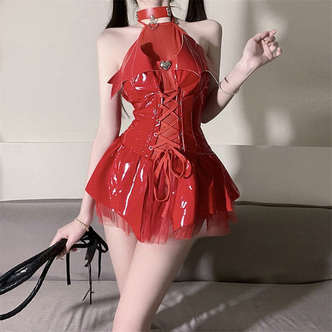 Sonicelife Halloween Devil Girl PU Leather Suit Women  Cosplay Lingerie Costumes Halter See-through Lace Skirt Grunge Bandage Mall Gothic Clothes