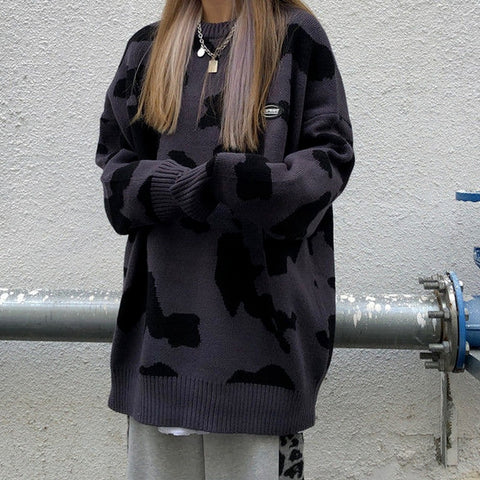 Sonicelife  Gothic Streetwear Cow Print Knitted Sweater Women Harajuku Korean Style Crewneck Oversize Jumper Female Kawaii Tops