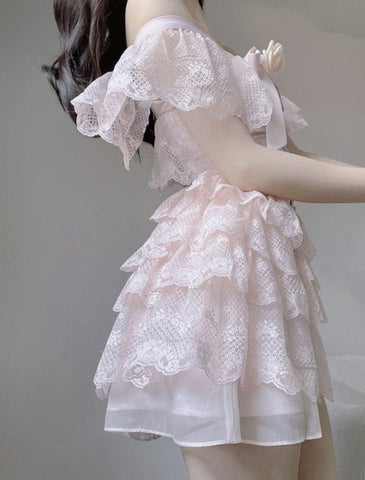 Sonicelife hoco dresses Kawaii Aesthetic Soft Girl Style Baby Pink Off Shoulder Lace Mini Dress