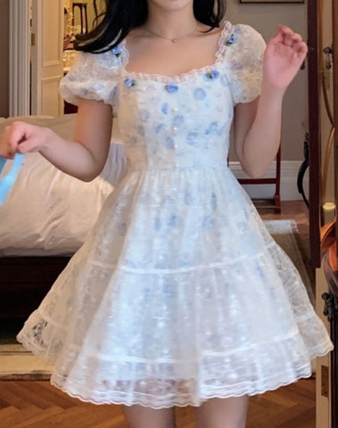 Sonicelife hoco dresses   Floral Lace Korean Sweet Dress Women France Vintage Elegant Party Mini Dresses Female Print Casual Beach Boho Fairy Dress Summer