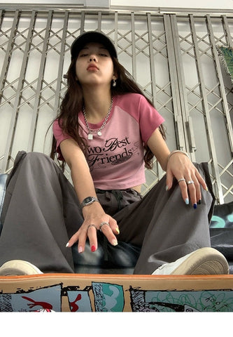 Sonicelife  Y2K Retro Pink Tshirts Korean Streetwear Patchwork Skinny Basic T Shirts Fairy Grunge Graphic Print Tees Top Harajuku