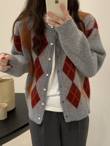 Sonicelife Plaid Sweaters Knitted Cardigan Loose Jacket Retro Coats New Jumpers Round Neck Sweater Women's Clothing Autumn Winter 2024