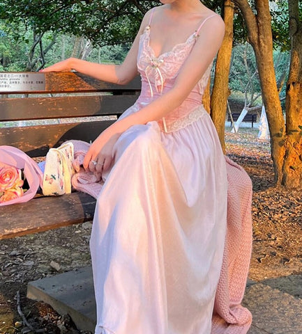 Sonicelife Floral Vintage Elegant Strap Dress Women Lace France Sexy Evening Party Long Dresses Pink Sweet Princess Fairy Dress Summer