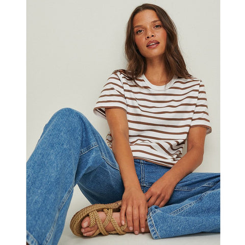 Sonicelife Early Autumn New Cross border European and American Versatile Simple Loose Cotton Round Neck Stripe Short Sleeve